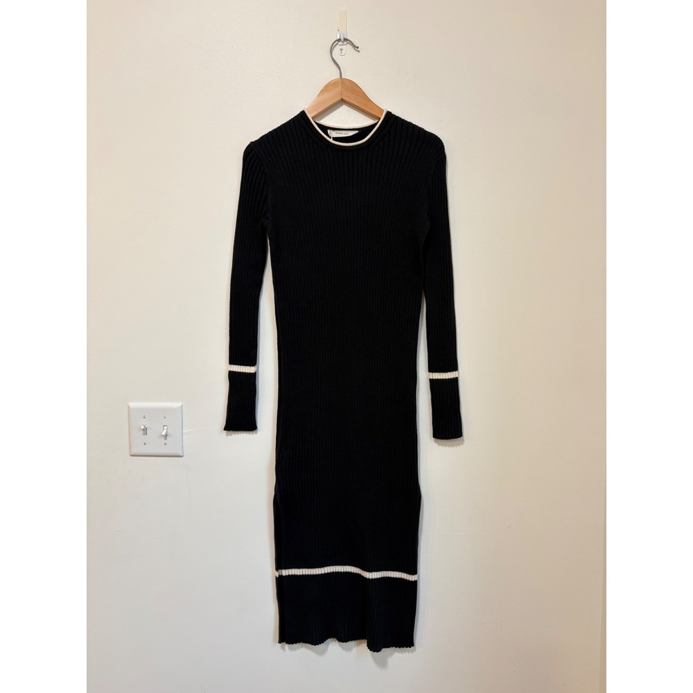 Everlane Women Black Ribbed Knit Midi Dress Long Sleeve Contrast Trim XS NEW